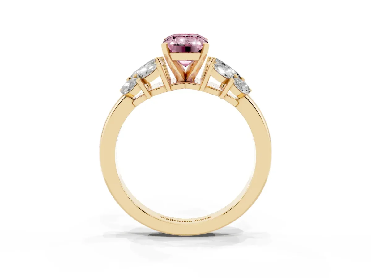 Fancy Pink Emerald Cut Diamond Cluster Leaf Design Ring with Prong Setting Yellow gold