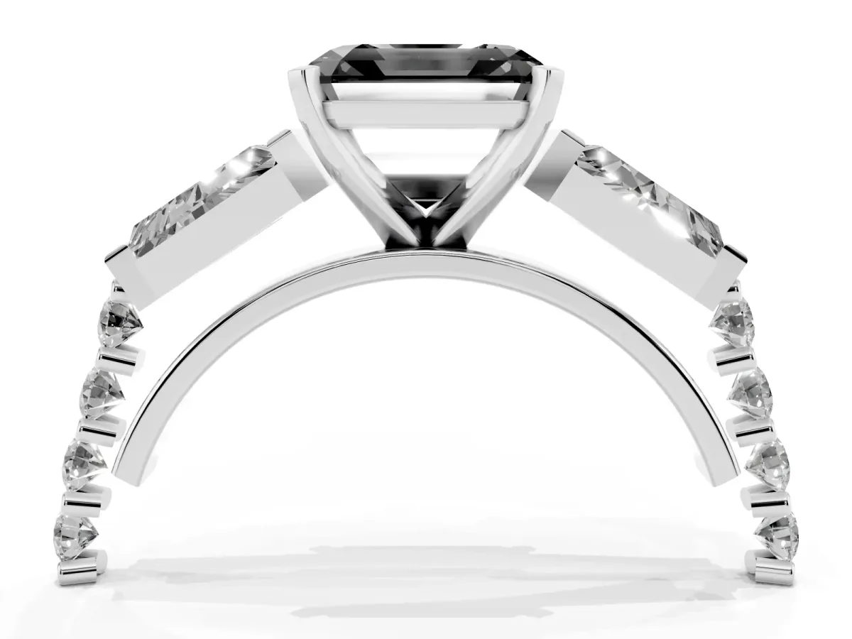 Fancy Black Asscher Cut Diamond Engagement Ring with Baguette Side Stones and Channel Set Band Silver