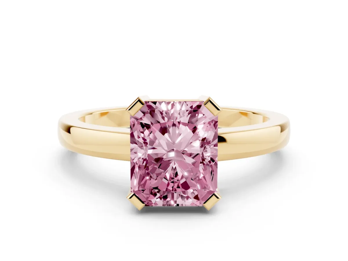 Fancy Pink Radiant Cut Cut Solitaire Ring with Four-Prong Setting and Classic Band Yellow gold