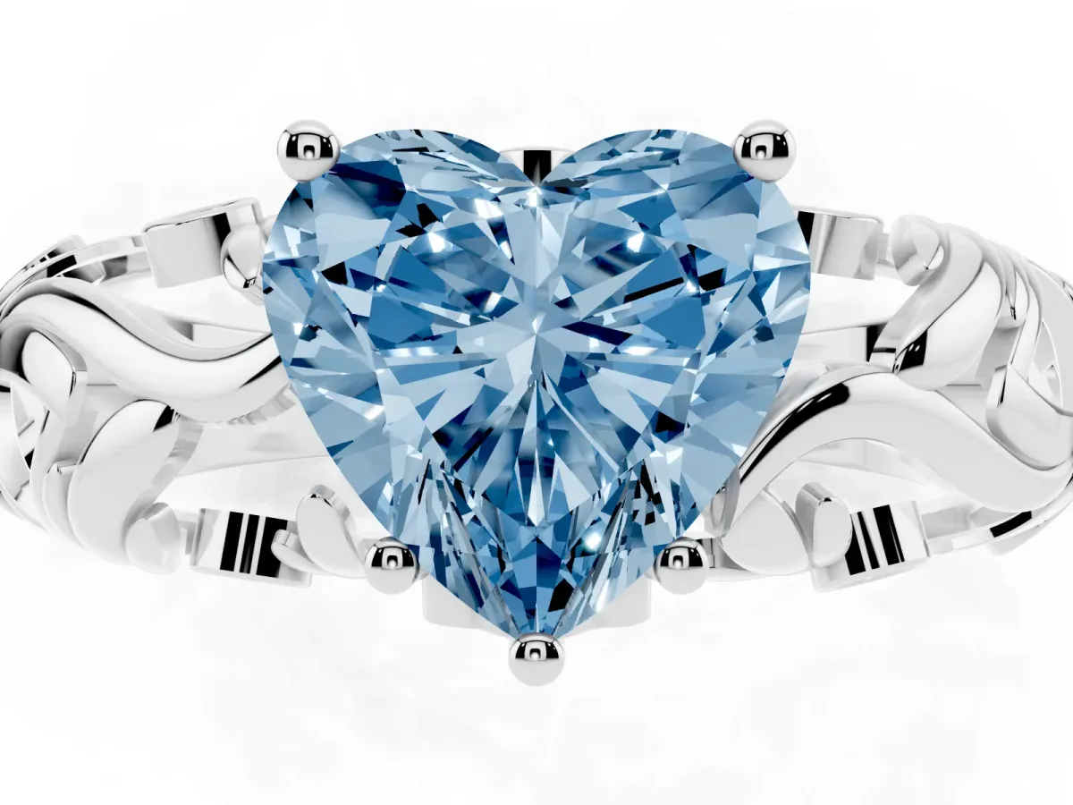 Fancy Blue Heart Cut Solitaire Diamond Leaf-Inspired Vine Band Ring with Prong Setting White gold