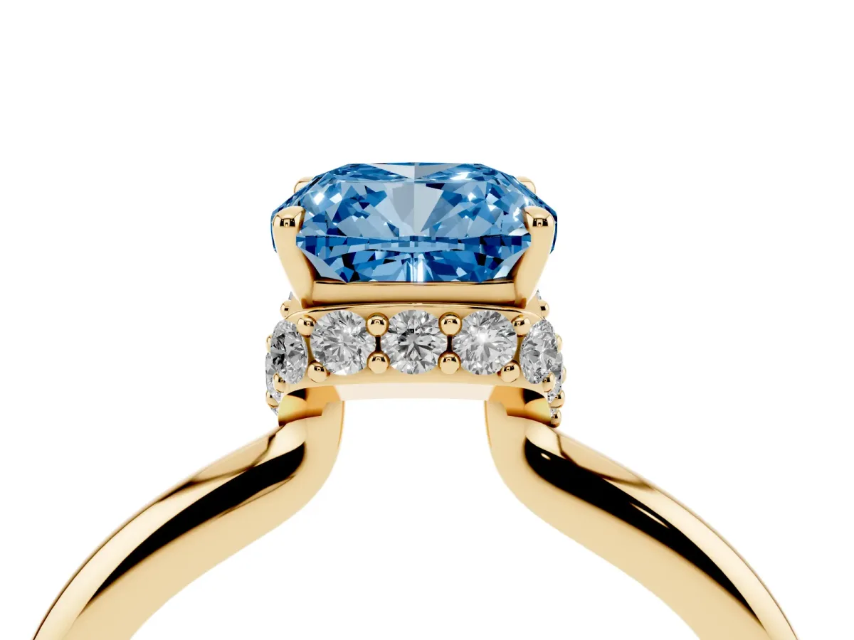 Fancy Blue Cushion Cut Brilliant Solitaire Engagement Ring with Six-Prong Setting and Classic Band Yellow gold