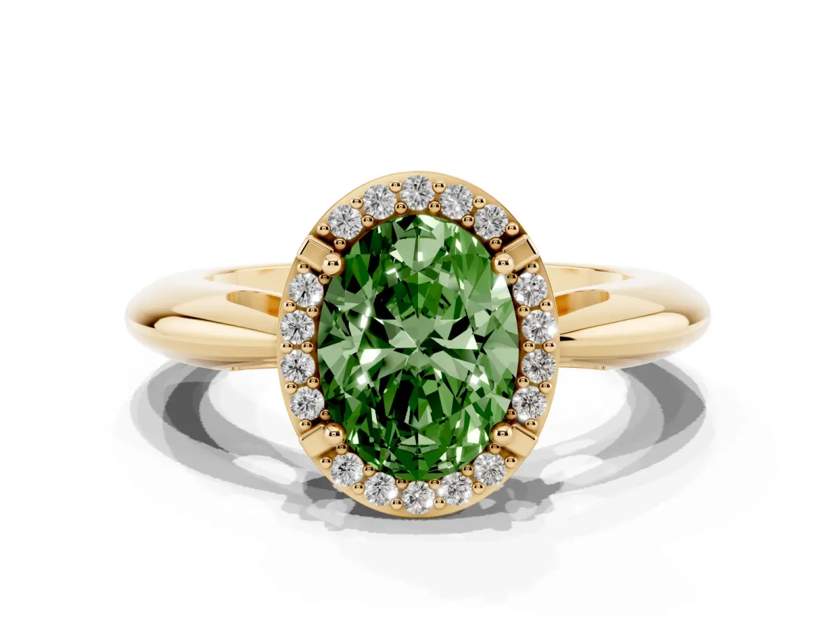 Fancy Green Oval Cut Cut Diamond Halo Engagement Ring with Split Shank and Four-Prong Setting Yellow gold