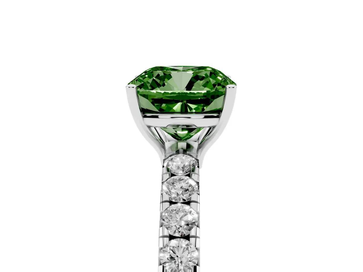 Fancy Green Cushion Cut Diamond Pavé Solitaire Engagement Ring with Four-Prong Setting Silver
