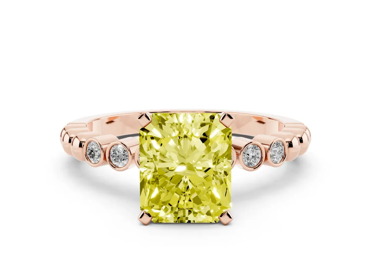 Fancy Yellow Radiant Cut Solitaire Bezel Accent Diamond Engagement Ring with Beaded Band and Four-Prong Setting Rose gold