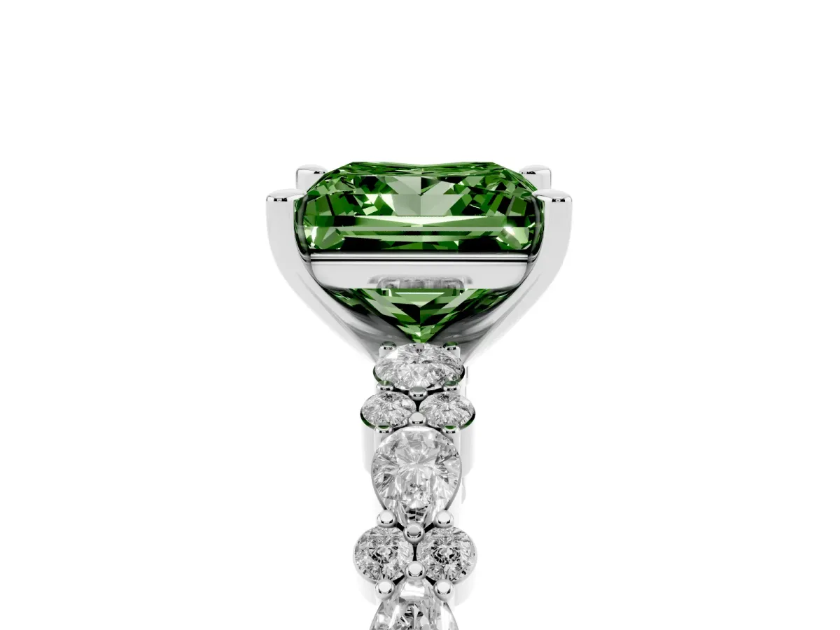 Fancy Green Princess Cut Diamond Side Stone Solitaire Ring with Round and Four-Prong Setting Silver
