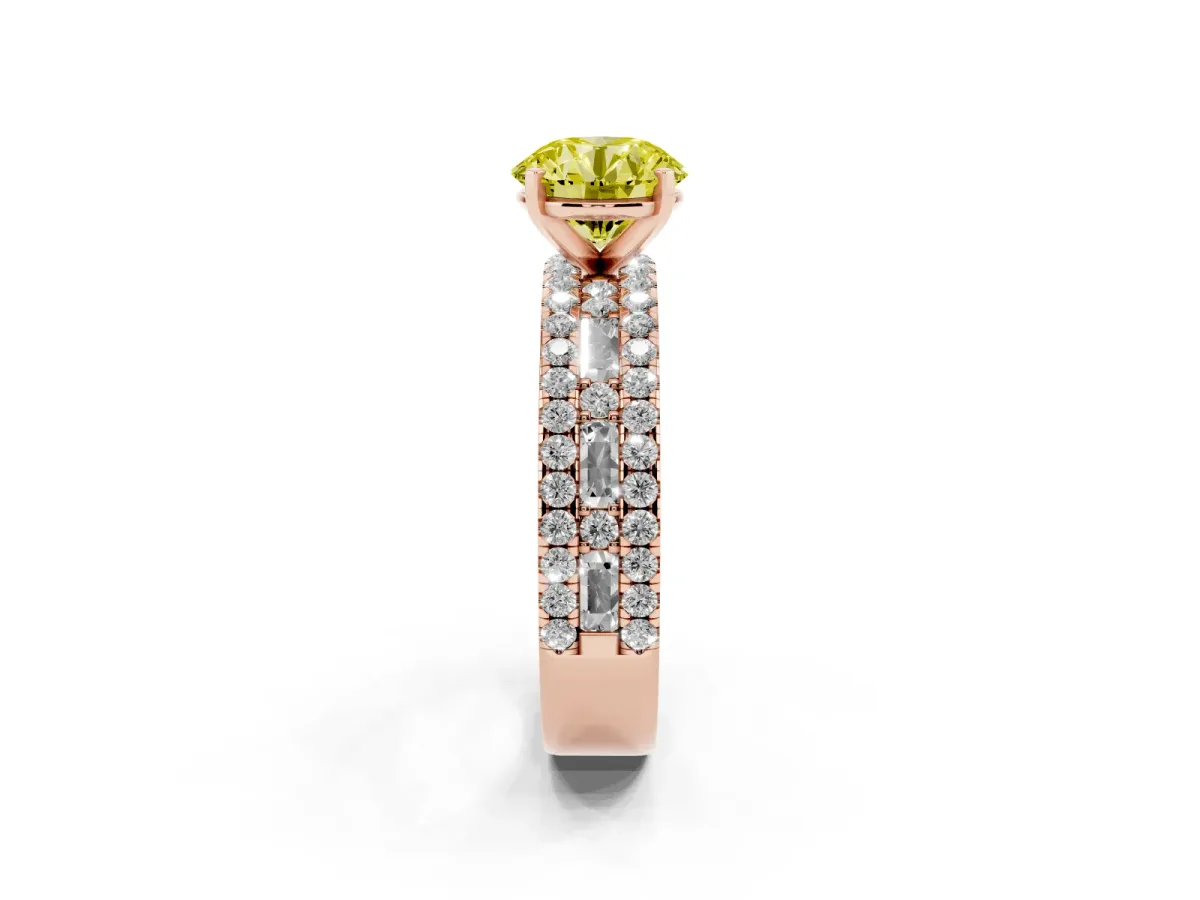 Fancy Yellow Round Cut Diamond Solitaire Ring with Pavé and Channel Set Band Rose gold