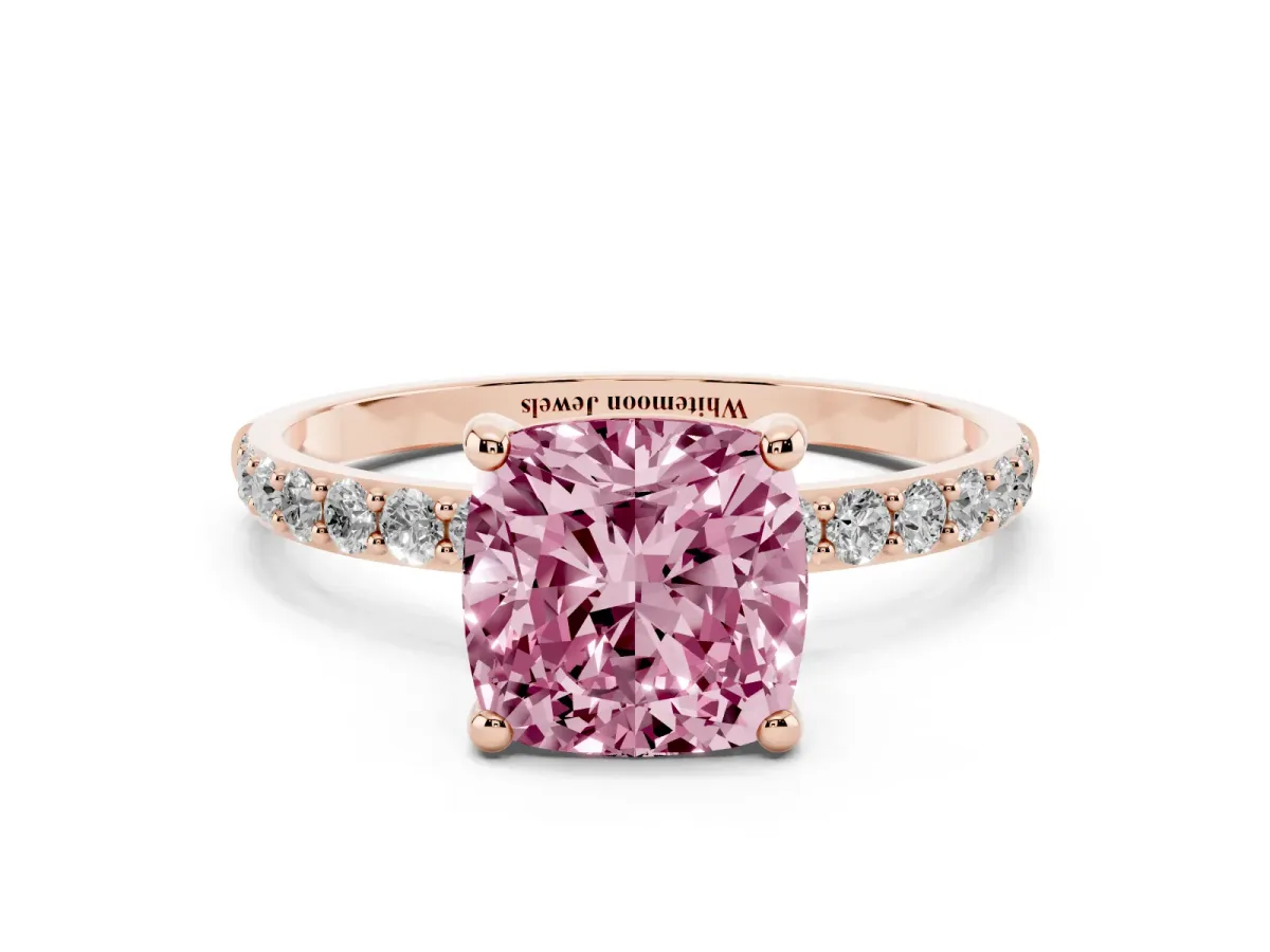 Fancy Pink Cushion Cut Diamond Solitaire Ring with Round Pavé Band and Prong Setting Rose gold