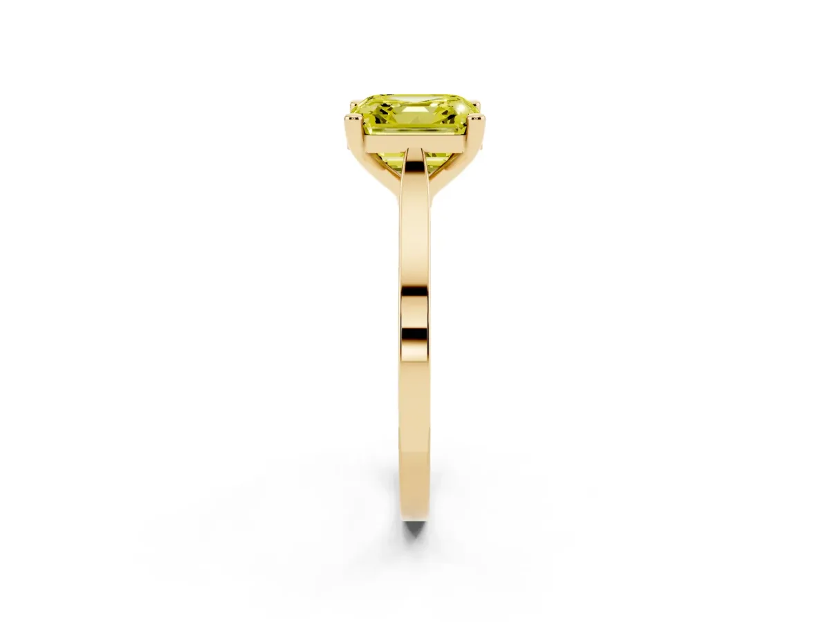 Fancy Yellow Asscher Cut Solitaire Diamond Ring with Four-Prong Setting and Tapered Band Yellow gold