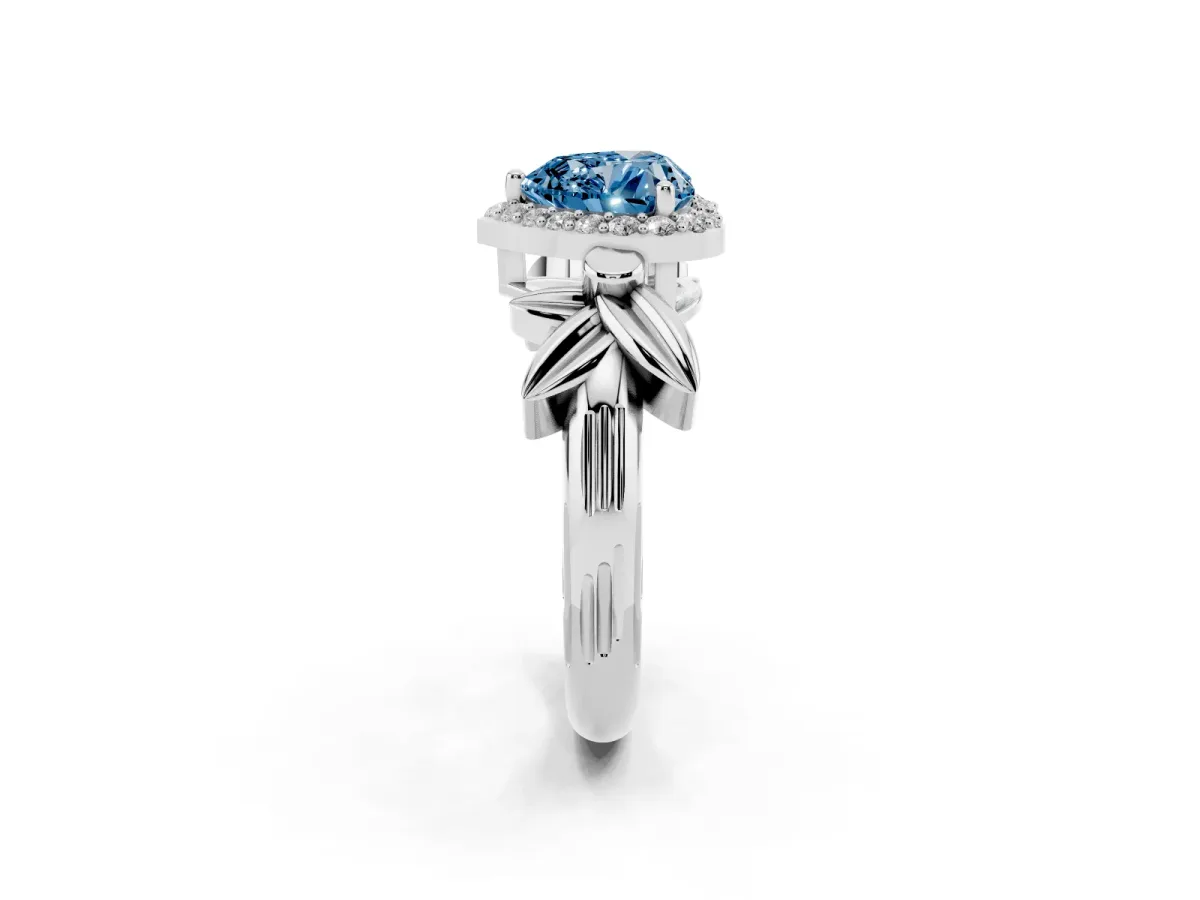 Fancy Blue Heart Cut Halo Diamond Floral Band with Four-Prong Setting Silver