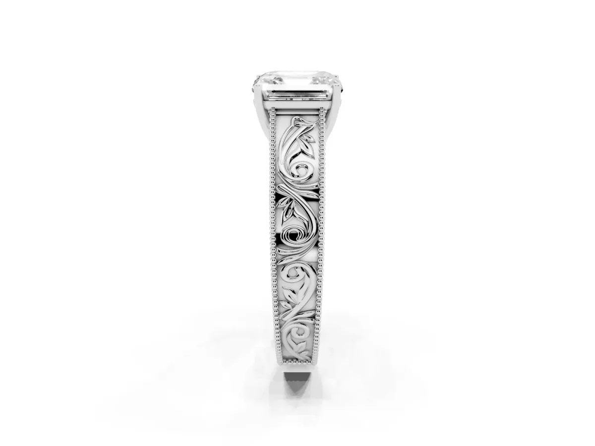 Asscher Cut Diamond Solitaire Ring with Engraved Band and Four-Prong Setting White gold