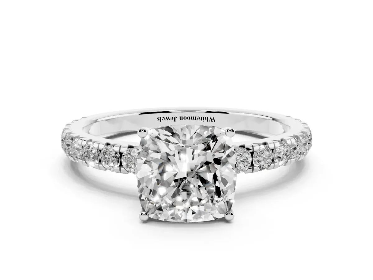 Cushion Cut Diamond Pavé Solitaire Engagement Ring with Four-Prong Setting Platinum