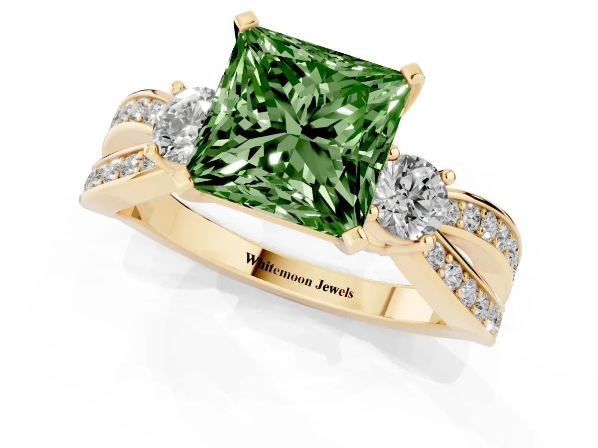 Fancy Green Three-Stone Princess Cut Cut Diamond Twist Band with Prong Setting Yellow gold