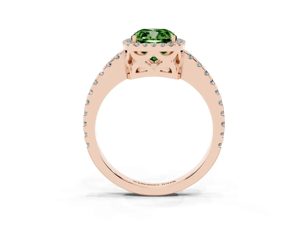 Fancy Green Cushion Cut Diamond Halo Engagement Ring with Pavé Band and Prong Setting Rose gold