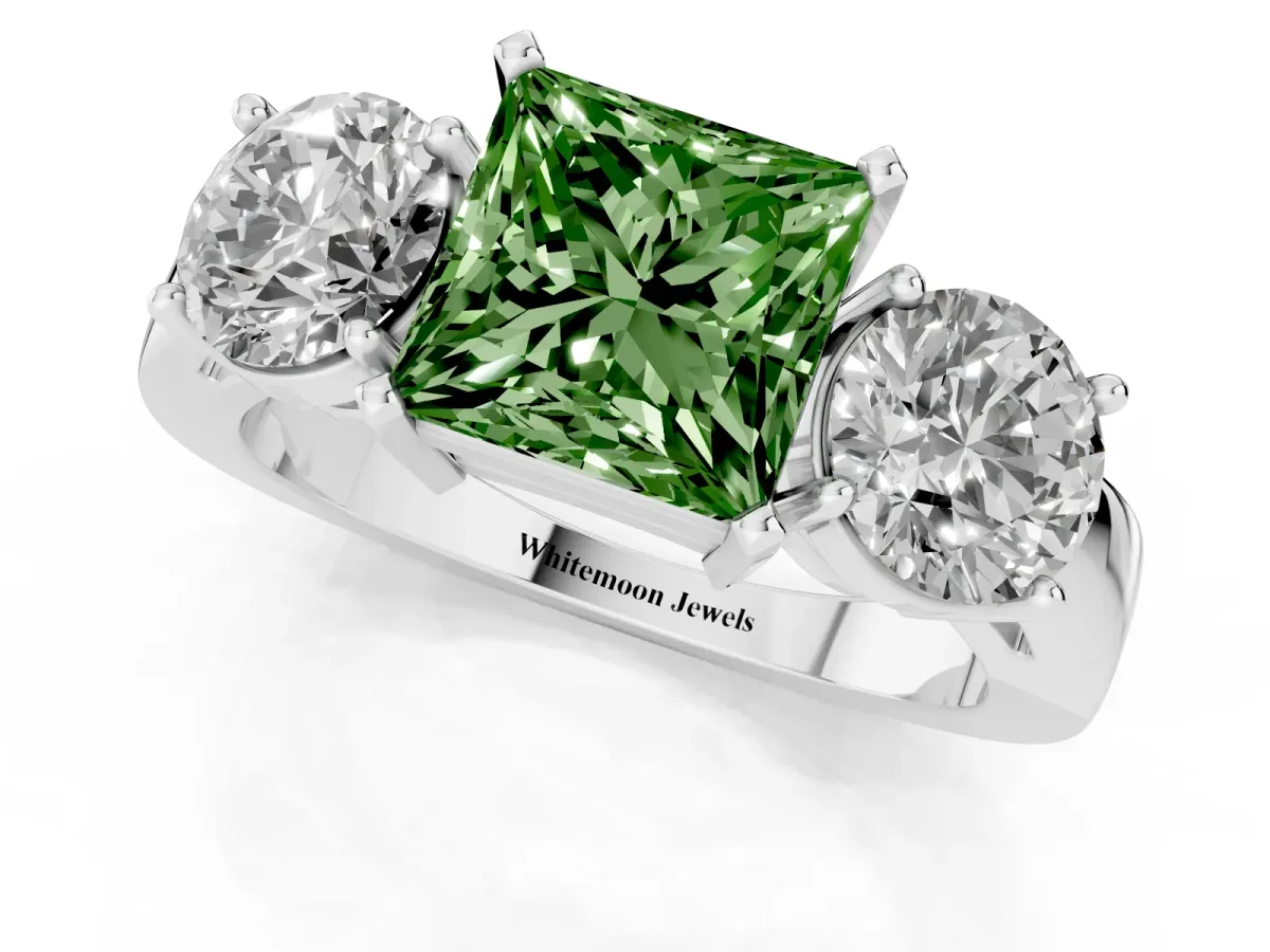 Fancy Green Three-Stone Princess Cut Diamond Ring with Round Side Stones, Classic Band, and Four-Prong Setting Silver