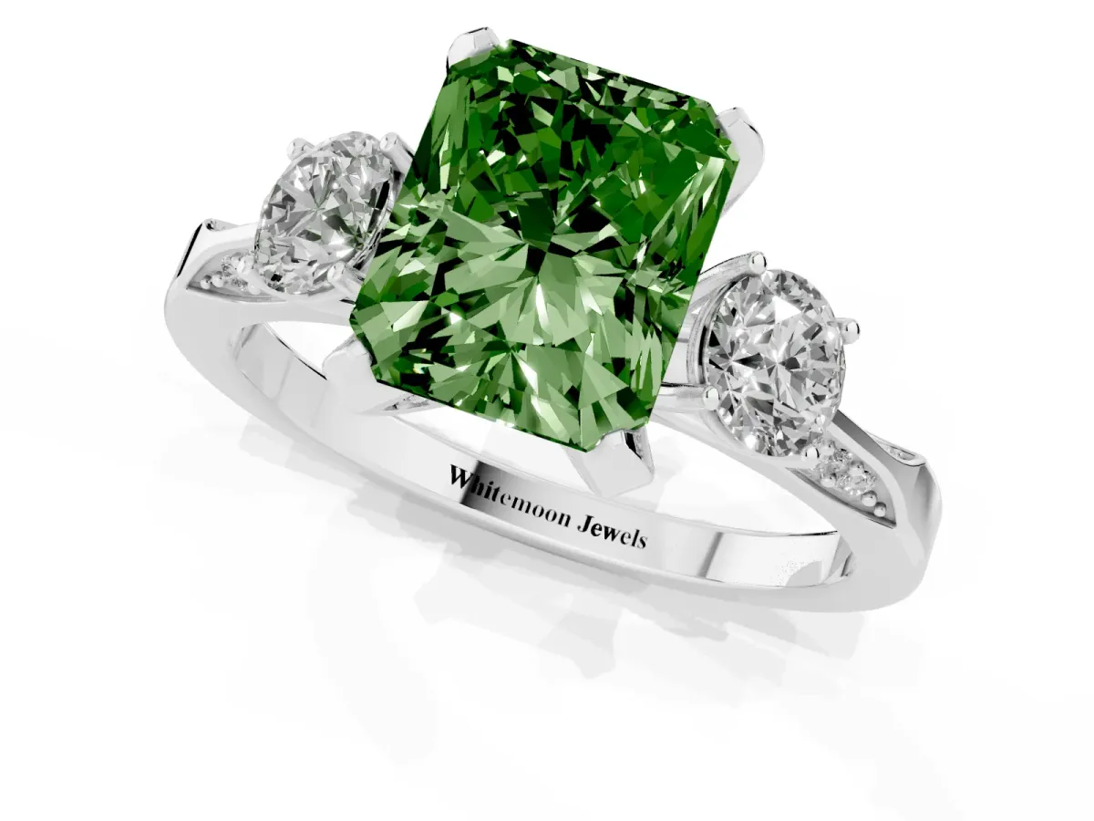Fancy Green Radiant Cut Brilliant Three-Stone Diamond Ring with Pavé Band and Four-Prong Setting White gold
