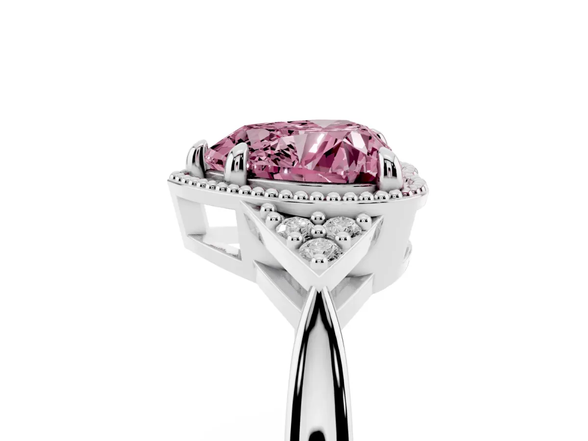 Fancy Pink Heart Cut Diamond Halo Ring with Tapered Band and Four-Prong Setting Platinum