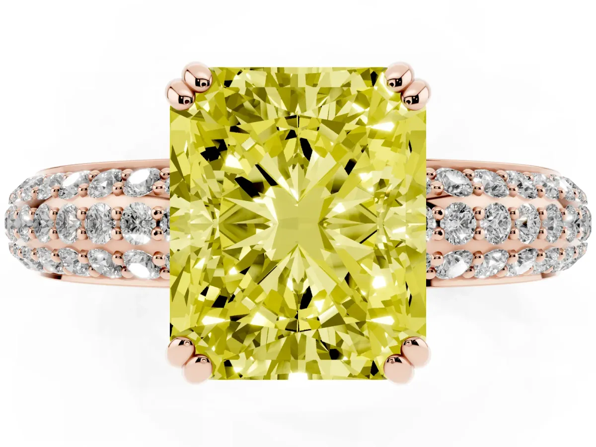 Fancy Yellow Radiant Cut Diamond Solitaire Ring with Multi-Row Round Pavé Band and Prong Setting Rose gold