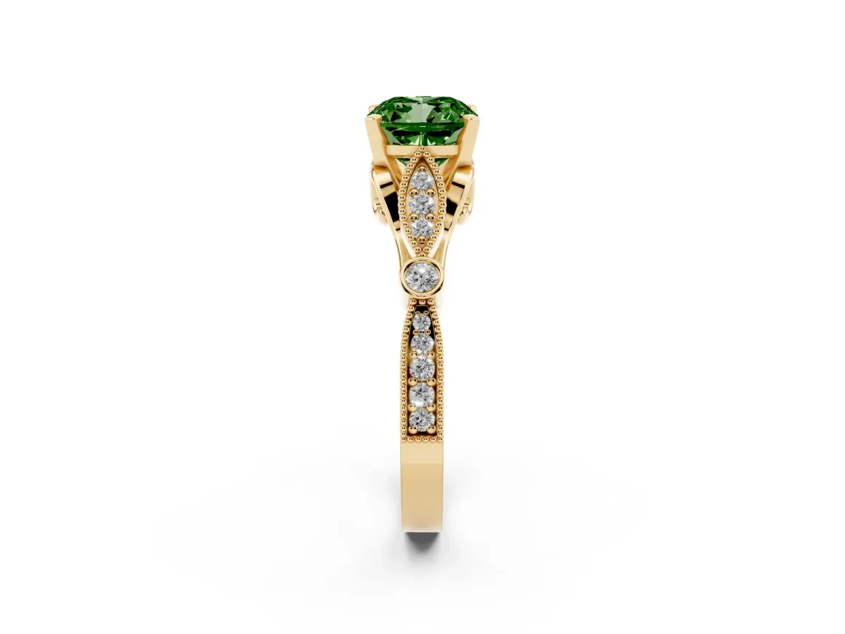 Fancy Green Cushion Cut Cut Diamond with Milgrain Marquise and Bezel Accents on a Solitaire Band with Prong Setting Yellow gold