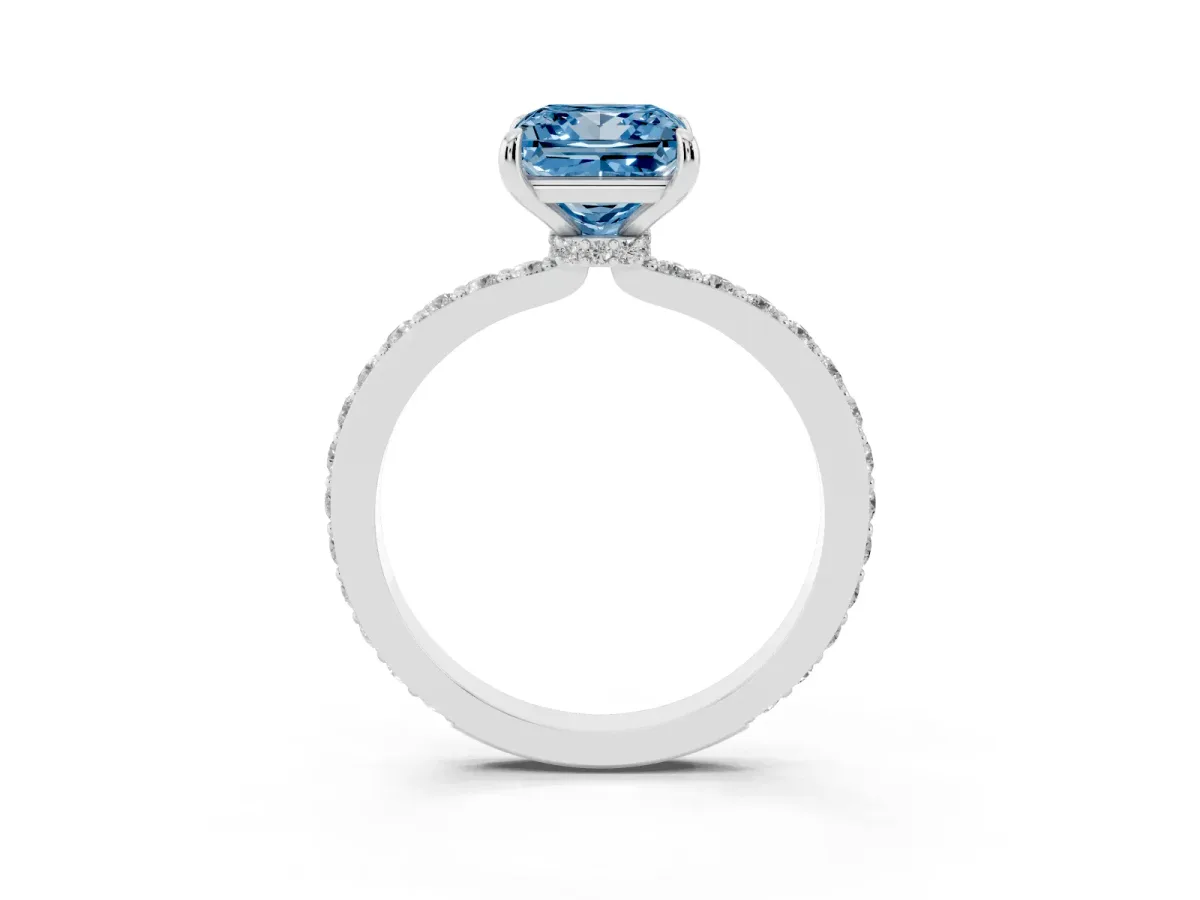 Fancy Blue Princess Cut Diamond Solitaire Engagement Ring with Pavé Band and Four-Prong Setting Silver