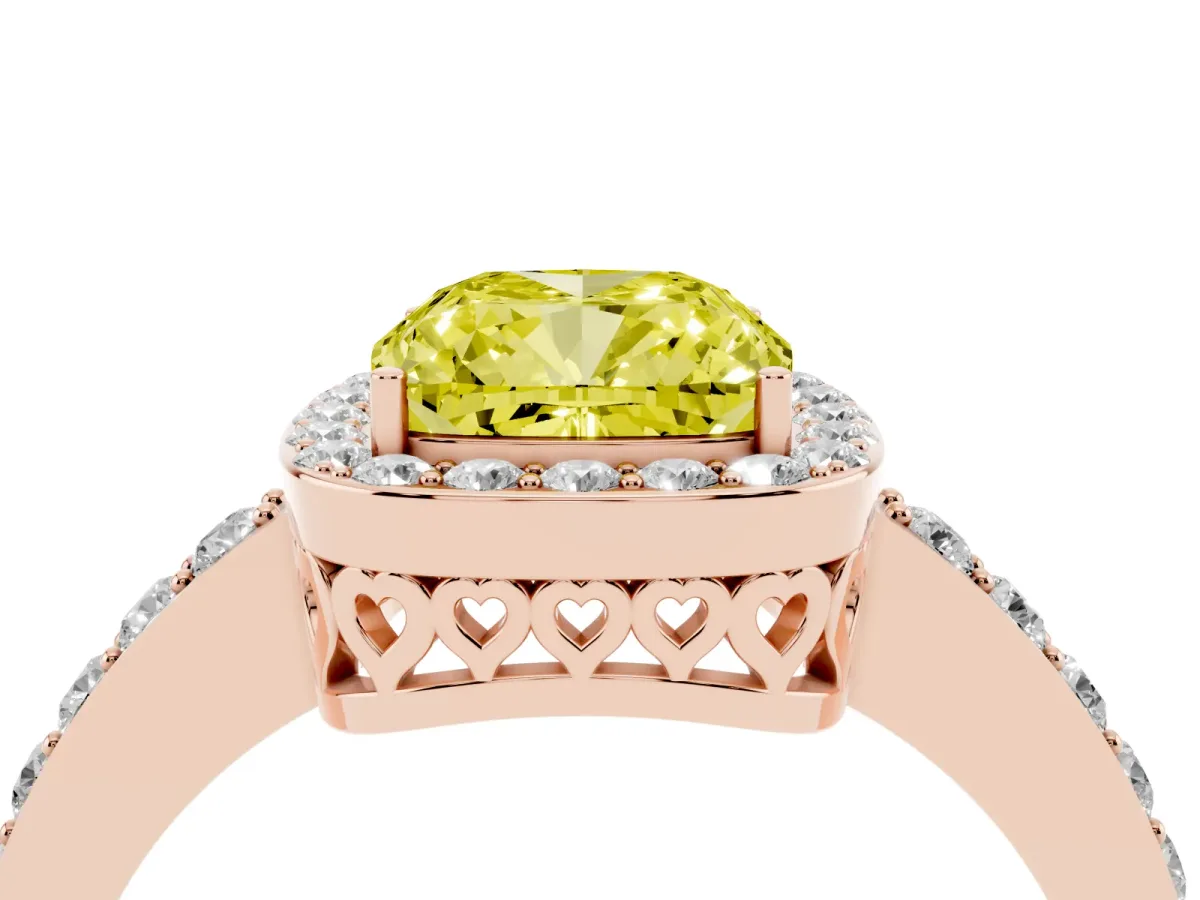 Fancy Yellow Cushion Cut Halo Diamond Pavé Band Ring with Prong Setting Rose gold