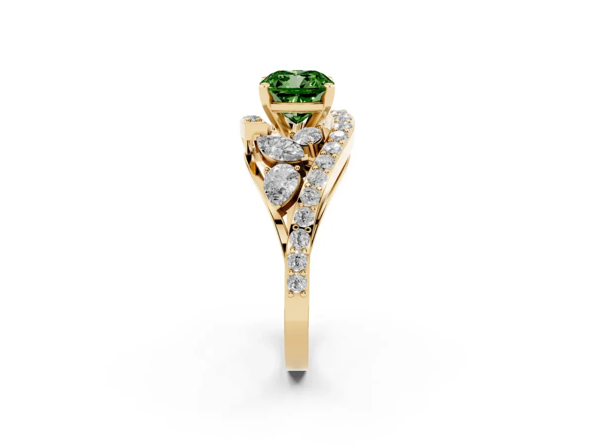 Fancy Green Cushion Cut Diamond Halo Ring with Marquise and Pavé Band in Prong Setting Yellow gold