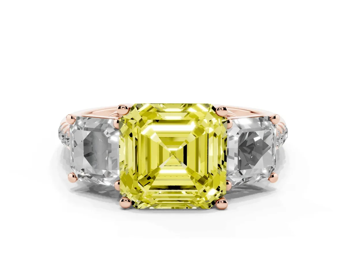 Fancy Yellow Three-Stone Asscher Cut Diamond Ring with Round Pavé Band and Prong Setting Rose gold
