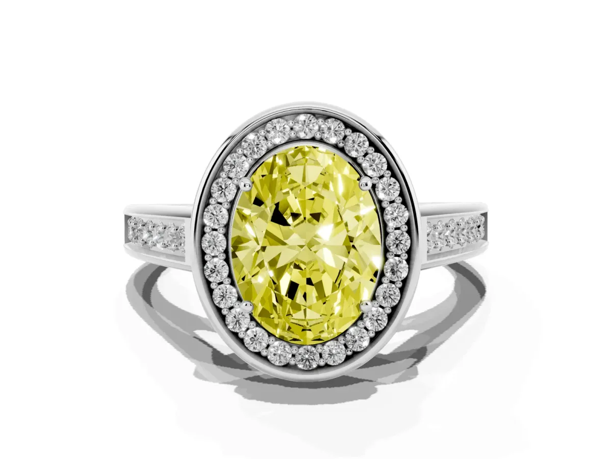 Fancy Yellow Oval Cut Halo Solitaire Diamond Ring with Pave Band and Bezel Setting Platinum