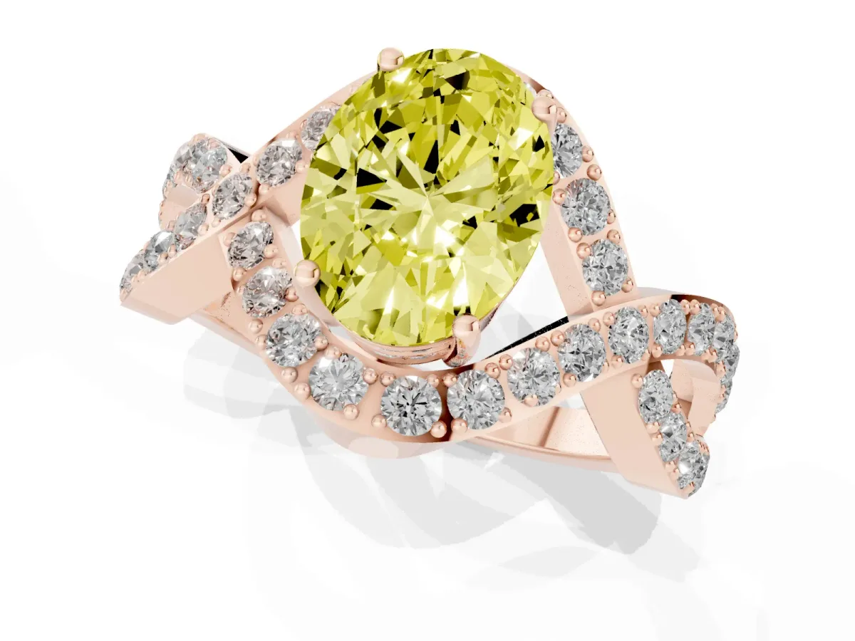 Fancy Yellow Oval Cut Solitaire Twist Band Pavé Diamond Engagement Ring Rose gold