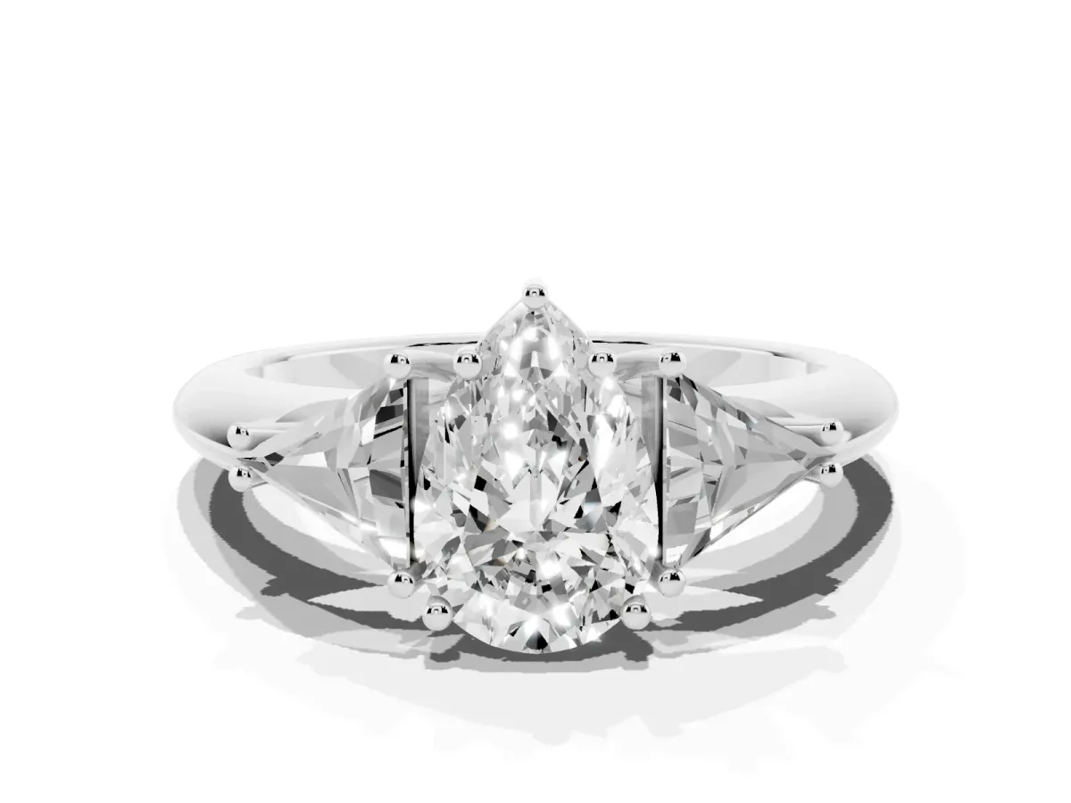 Three-Stone Pear Cut Diamond Engagement Ring with Trillion Side Stones and Prong Setting Silver