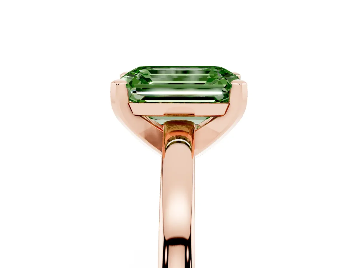 Fancy Green Emerald Cut Solitaire Diamond Engagement Ring with Four-Prong Setting on a Classic Band Rose gold