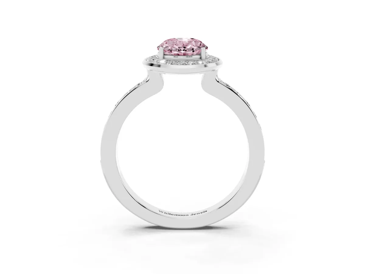 Fancy Pink Oval Cut Diamond Halo Ring with Bezel Frame and Pavé Band Silver