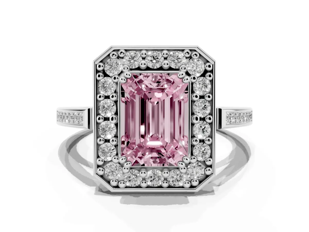 Fancy Pink Emerald Cut Diamond Halo Ring with Split Shank and Four-Prong Setting Silver