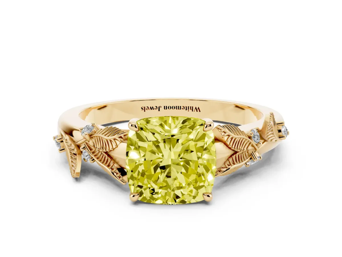 Fancy Yellow Cushion Cut Diamond Solitaire Ring with Leaf Motif Band and Four-Prong Setting Yellow gold