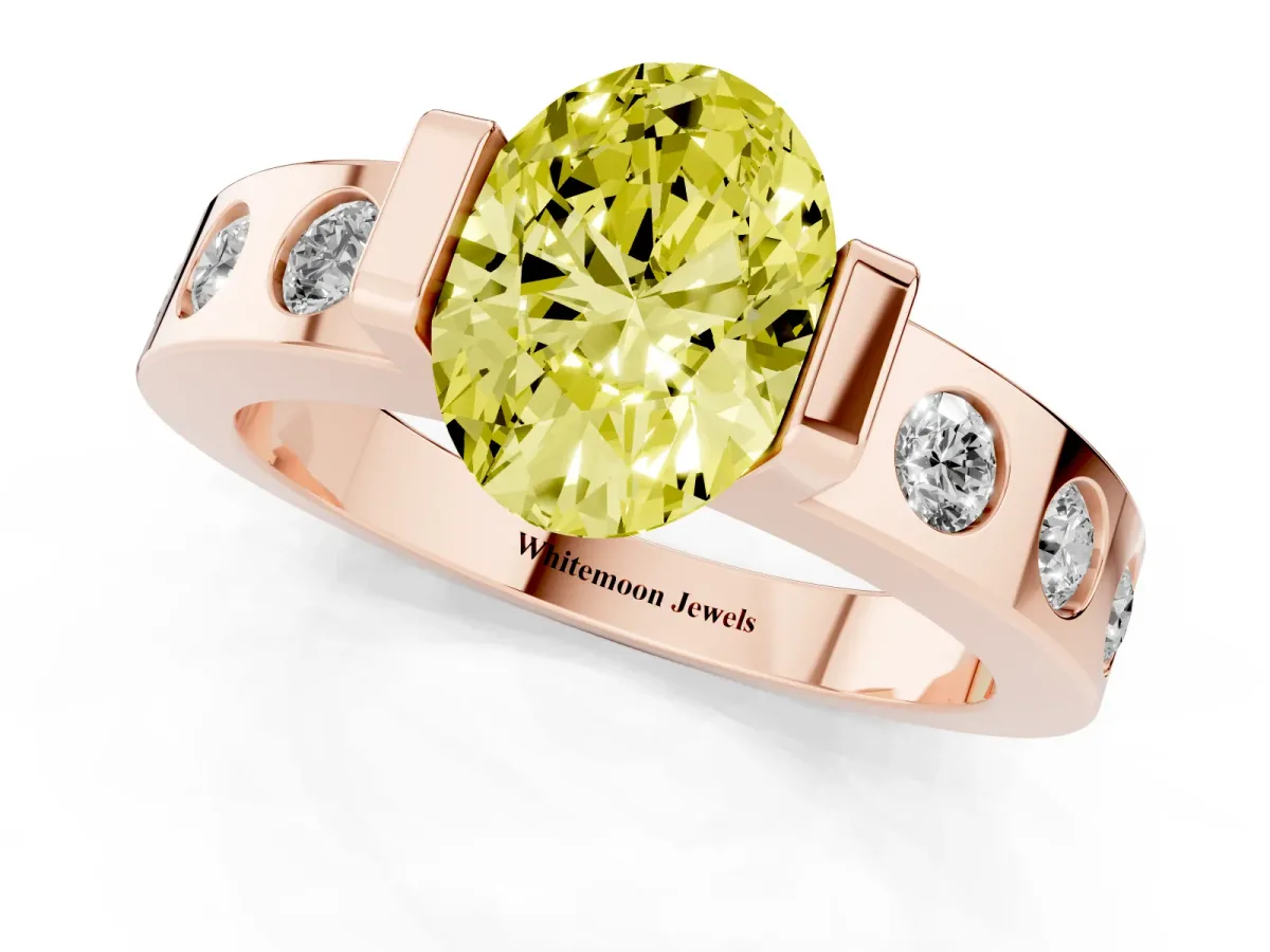 Fancy Yellow Oval Cut Brilliant Channel-Set Diamond Ring with Bezel Prong Setting Rose gold