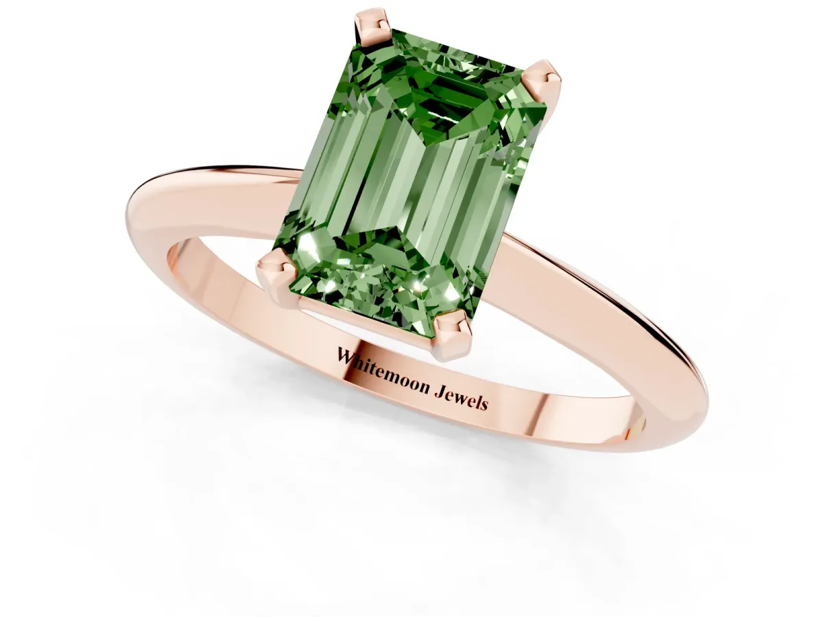 Fancy Green Emerald Cut Cut Solitaire Ring with Four-Prong Setting on a Classic Band Rose gold