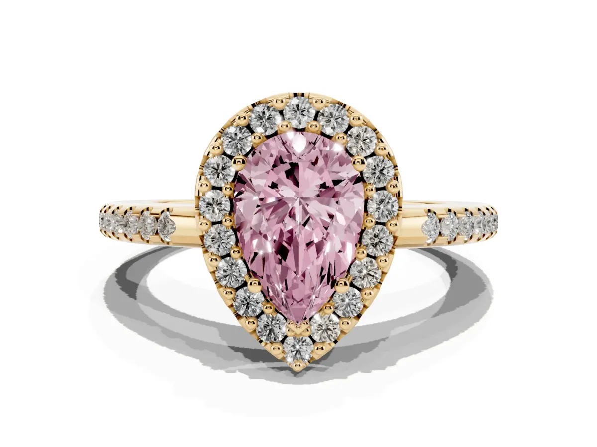 Fancy Pink Pear Cut Diamond Pavé Halo Ring with Four-Prong Setting Yellow gold