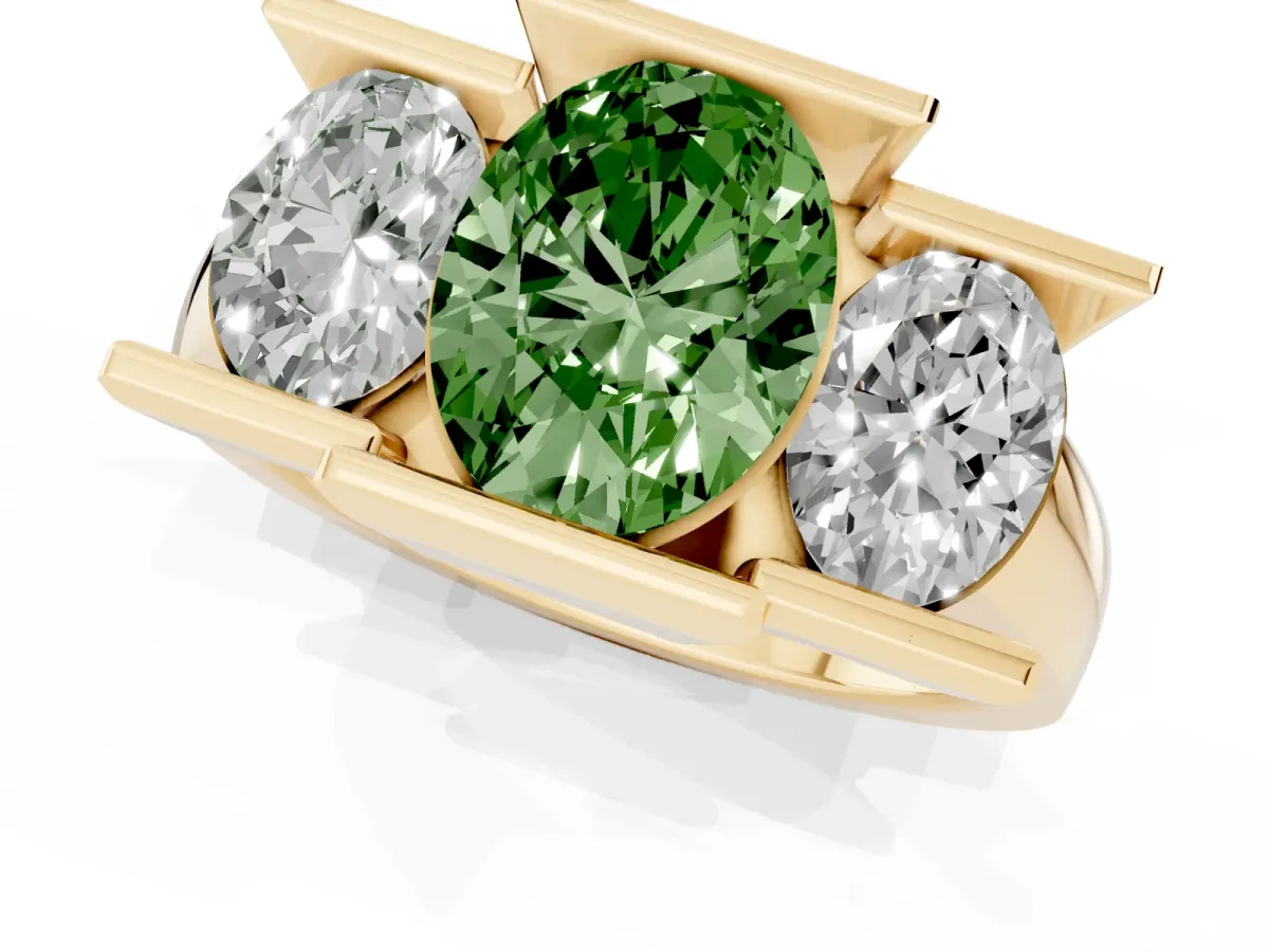 Fancy Green Three Stone Oval Cut Cut Channel Set Diamond Ring Yellow gold