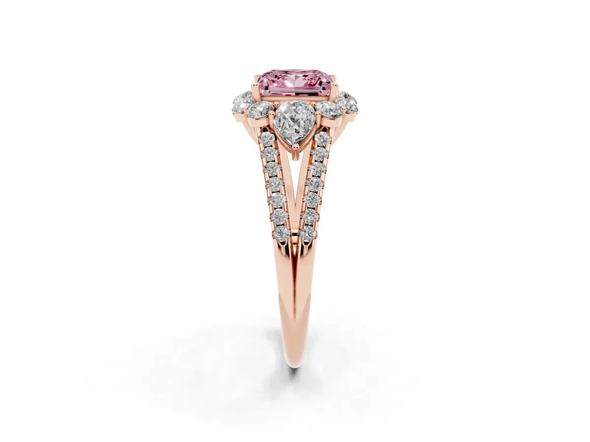 Fancy Pink Princess Cut Halo Split Shank Diamond Engagement Ring with Prong Setting Rose gold