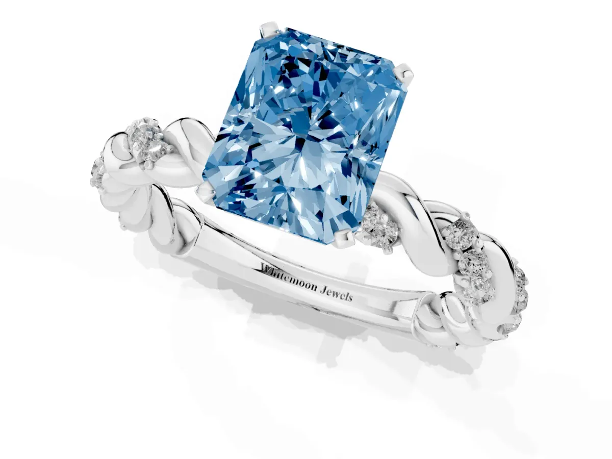 Fancy Blue Radiant Cut Diamond Solitaire Ring with Twisted Band and Pavé Accents White gold