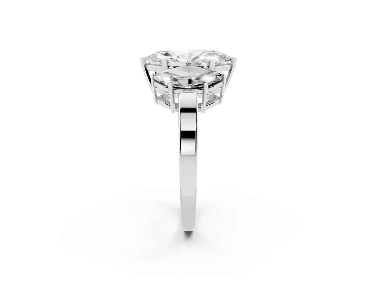 Three-Stone Marquise Cut Cut Diamond Engagement Ring with Flat Band and Four-Prong Setting Silver