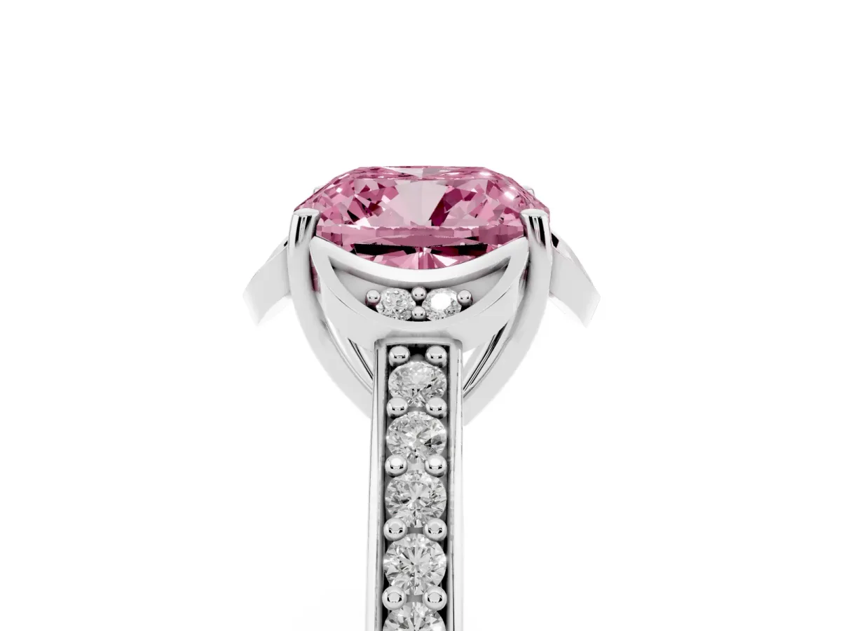 Fancy Pink Cushion Cut Cut Halo Diamond Ring with Channel Set Band and Four-Prong Setting Platinum
