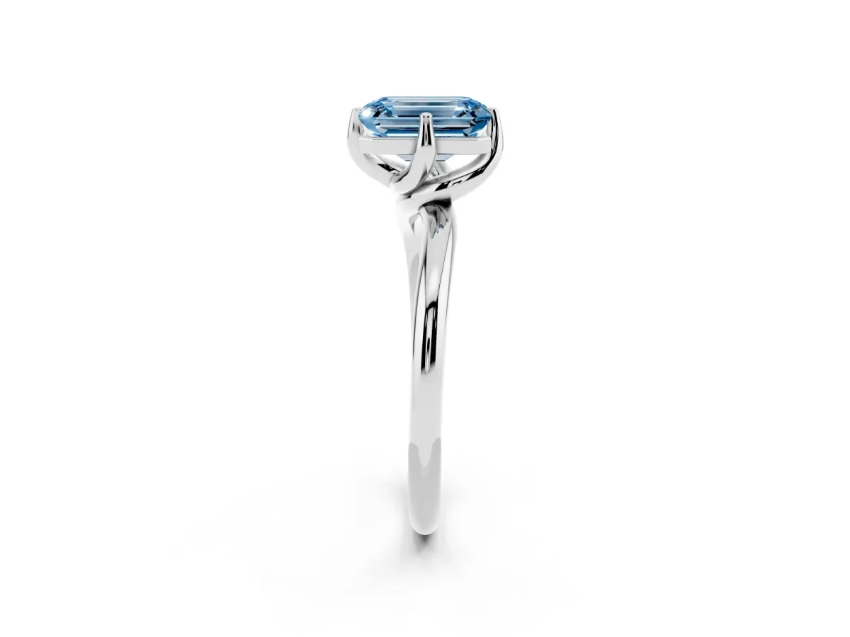 Fancy Blue Emerald Cut Diamond Solitaire Engagement Ring with Four-Prong Setting and Classic Band Silver
