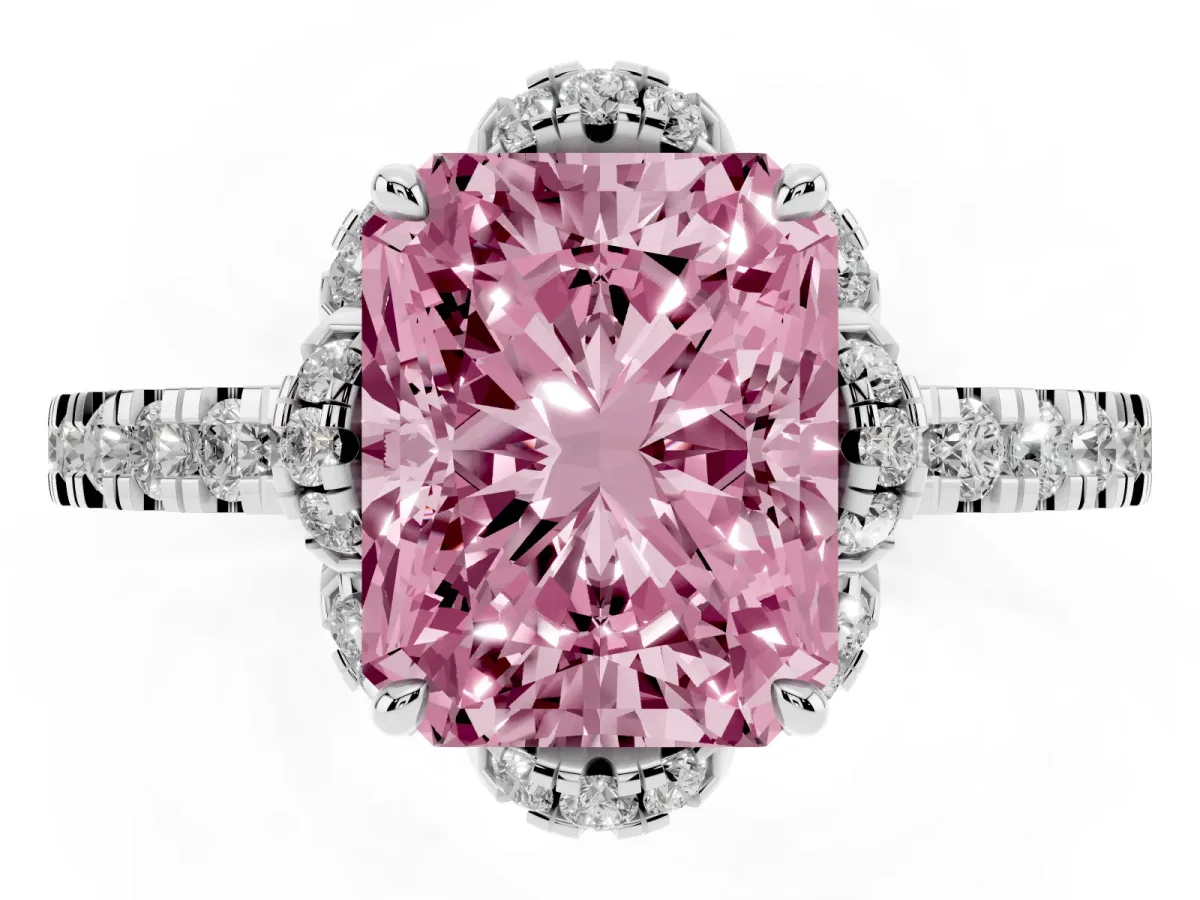 Fancy Pink Radiant Cut Diamond Halo Pave Band with Four-Prong Setting White gold