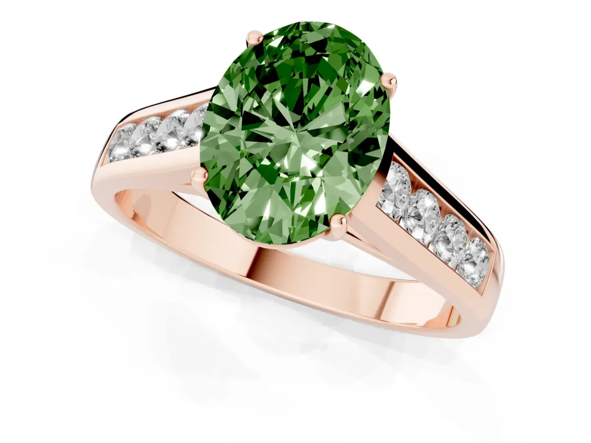 Fancy Green Oval Cut Solitaire Channel-Set Diamond Engagement Ring with Four-Prong Setting Rose gold