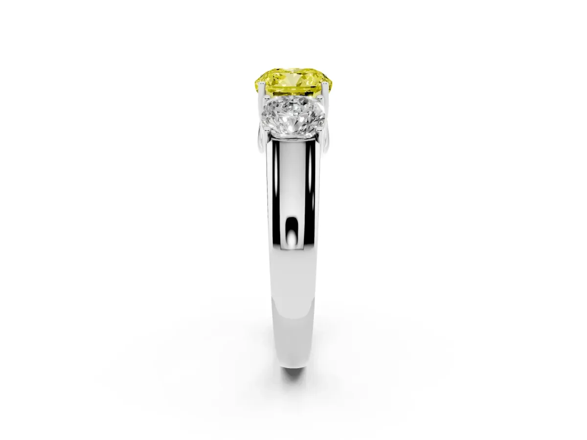 Fancy Yellow Three-Stone Cushion Cut Cut Diamond Ring with Prong Setting and Classic Band Silver