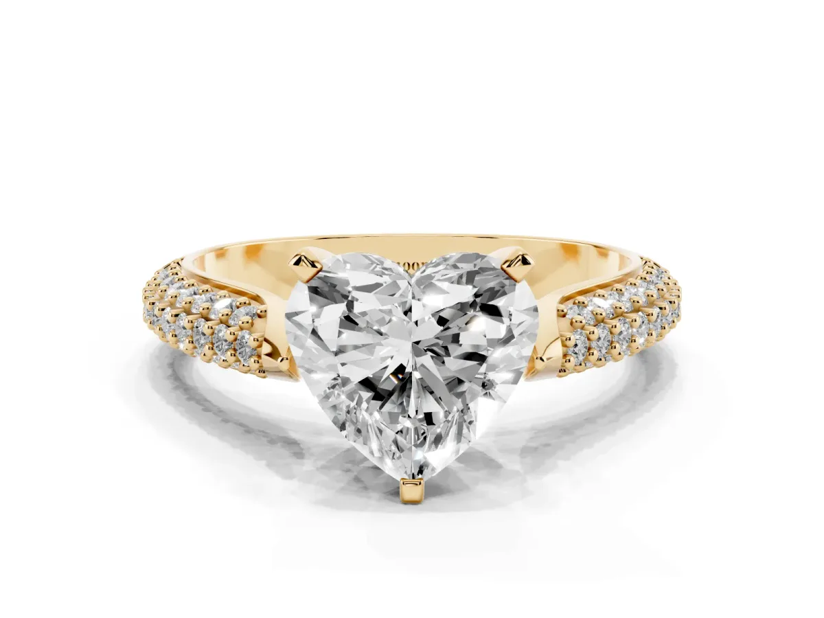 Heart Cut Diamond Solitaire Engagement Ring with Multi-Row Round Pavé Band and Prong Setting Yellow gold