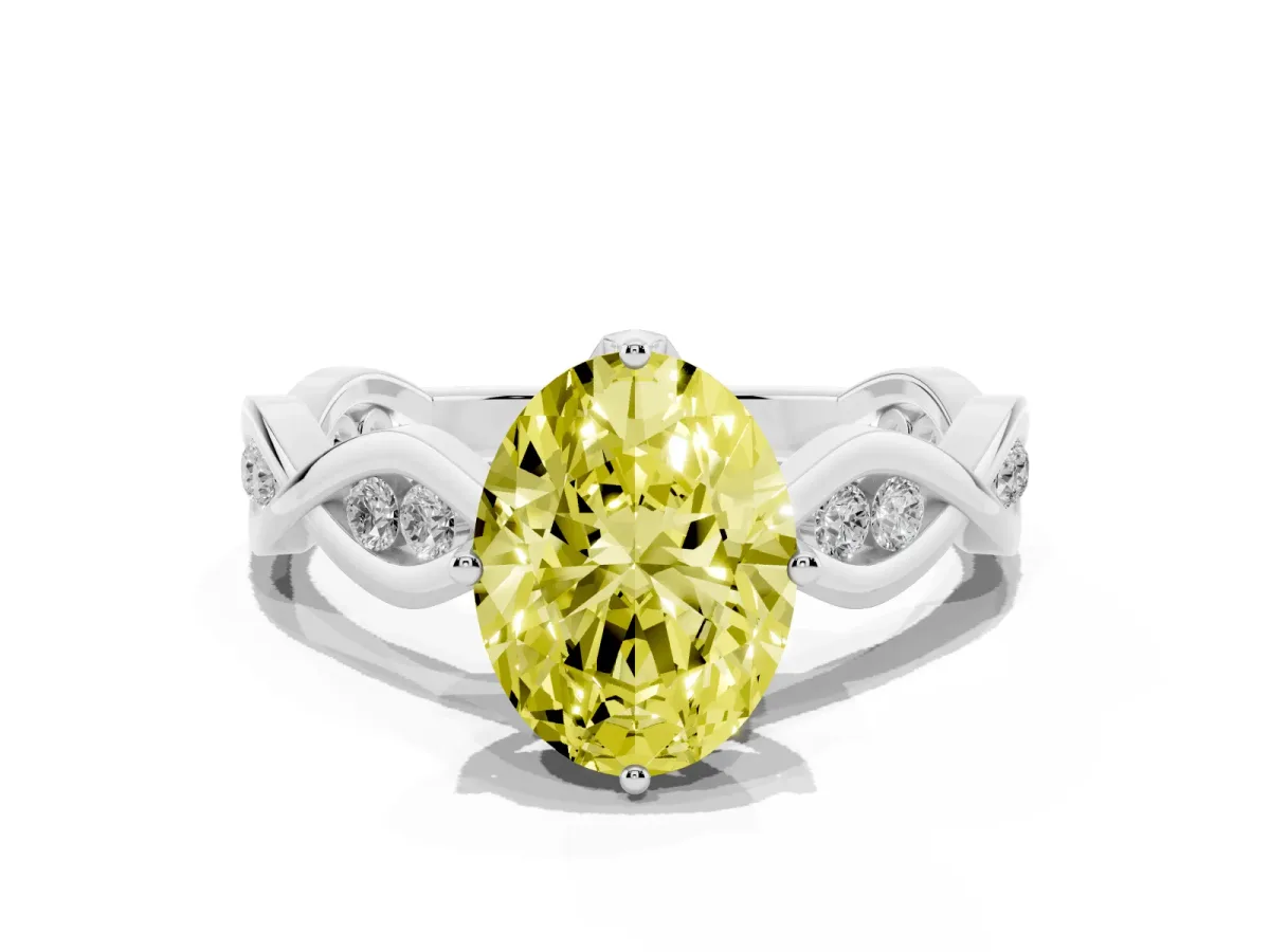 Fancy Yellow Oval Cut Solitaire Twist Band with Leaf Prong Setting White gold