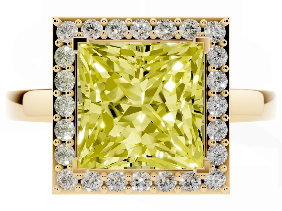 Fancy Yellow Princess Cut Halo Diamond Ring with Solitaire Band and Prong Setting Yellow gold