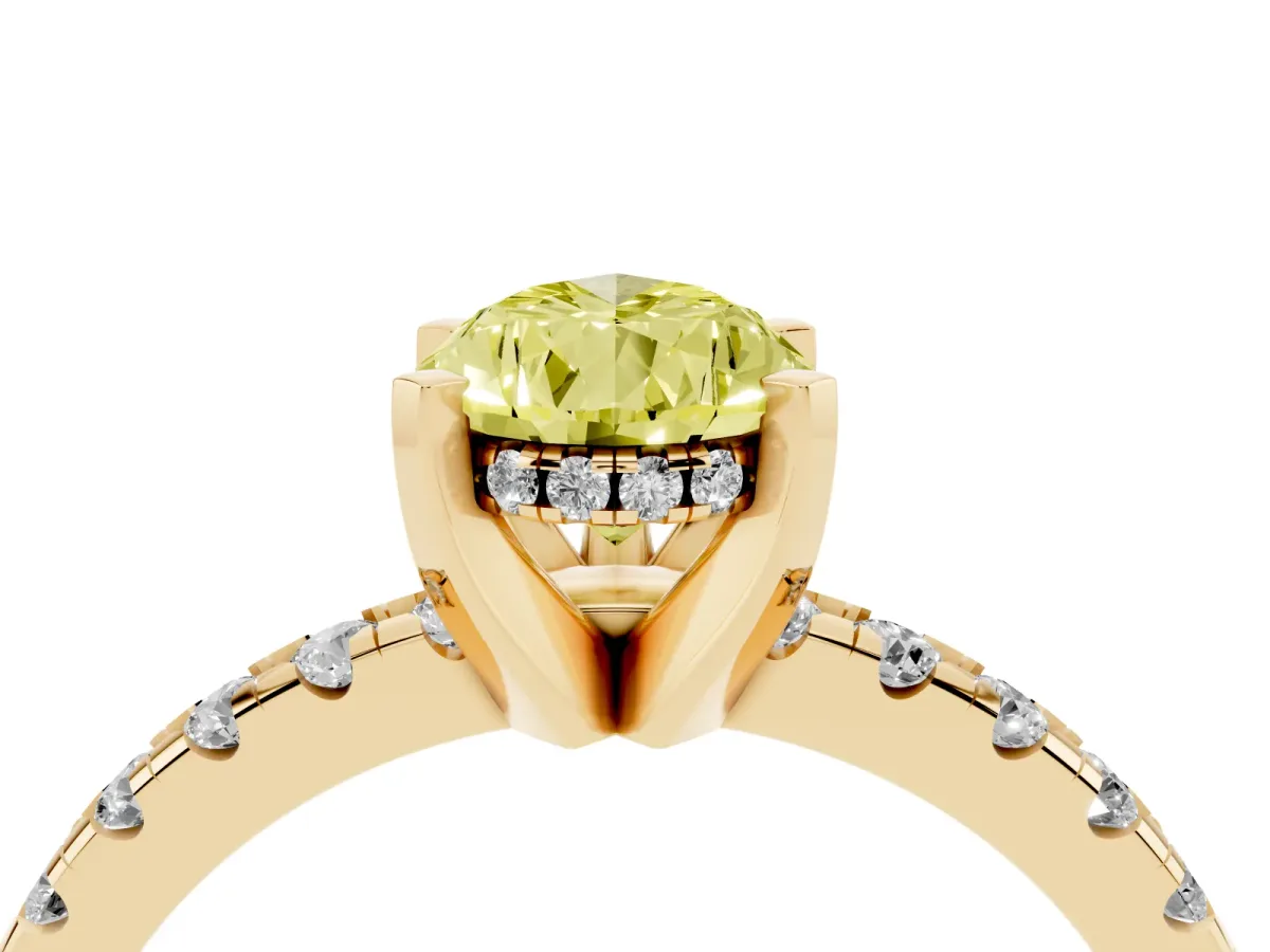 Fancy Yellow Pear Cut Diamond Solitaire Ring with Round Pavé Band and Four-Prong Setting Yellow gold