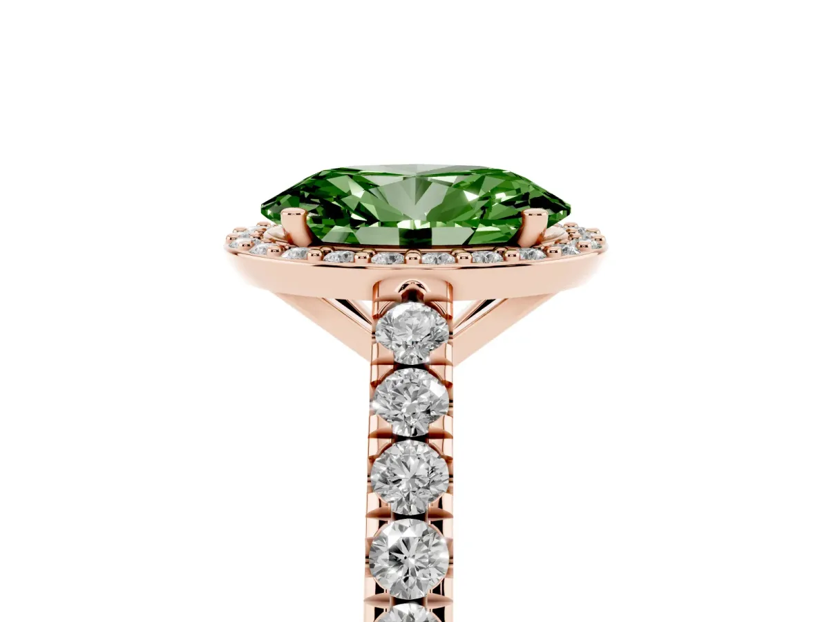 Fancy Green Oval Cut Cut Halo Diamond Engagement Ring with Pave Band and Four-Prong Setting Rose gold